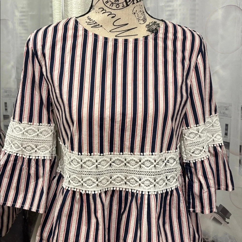 Lipslide Striped Peplum Lace-Trim Top - Picture 2 of 6